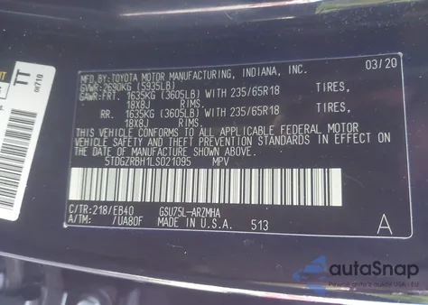 2020 Toyota Highlander Xle из США, поврежденный, VIN 5TDGZRBH1LS021095